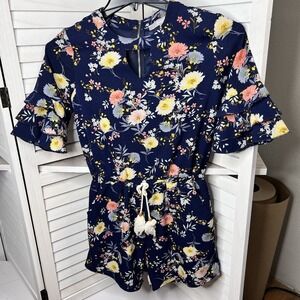 Smukke Big Girls Tween Navy Blue Floral Ruffle‎ Sleeve Romper Size 12 EXCELLENT